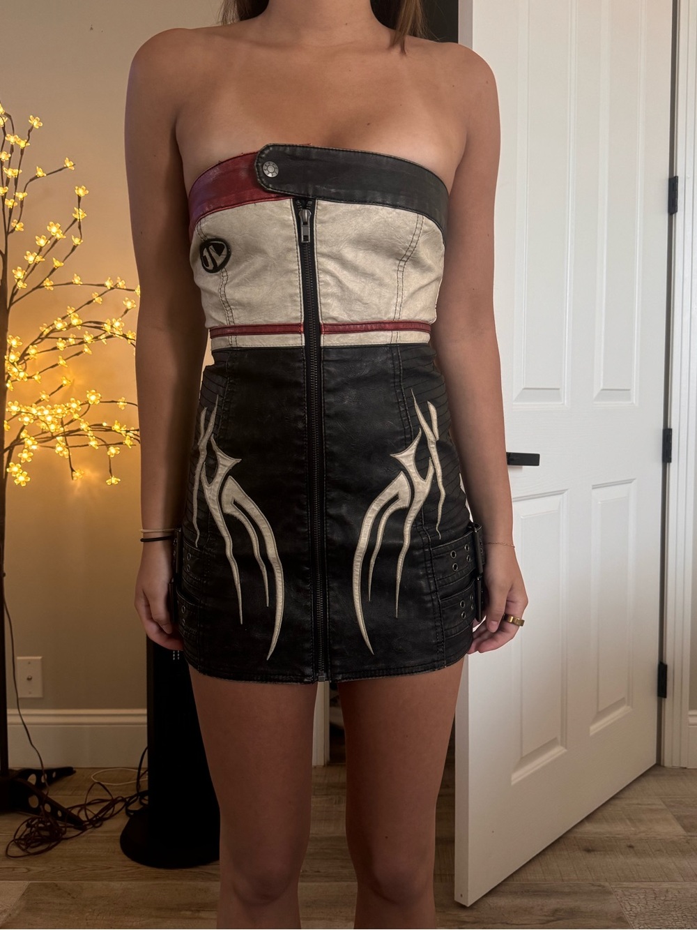 Jaded London Black, Cream & Red Strapless Leather Mini Skirt Dress